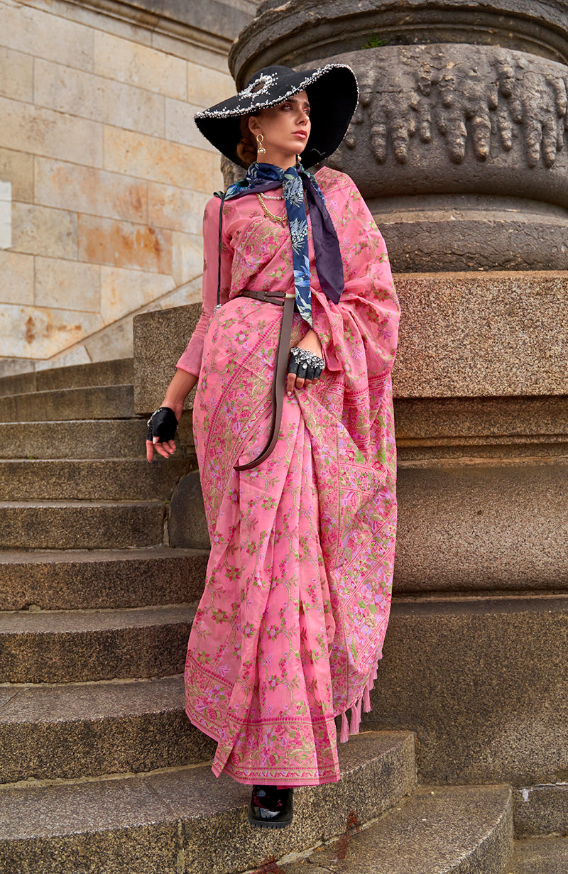 Pink embellished organza saree with contemporary design