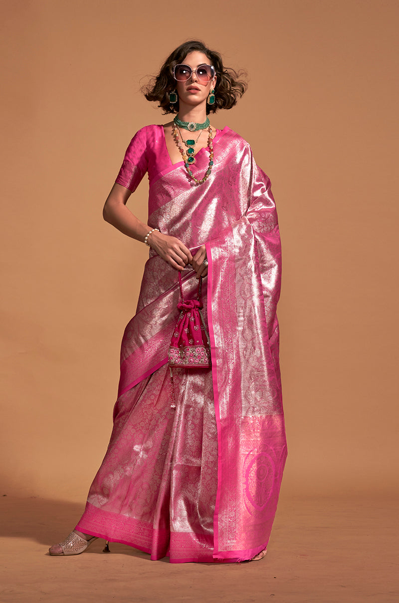 Pink Kanjipuram silk woven designer saree with intricate details