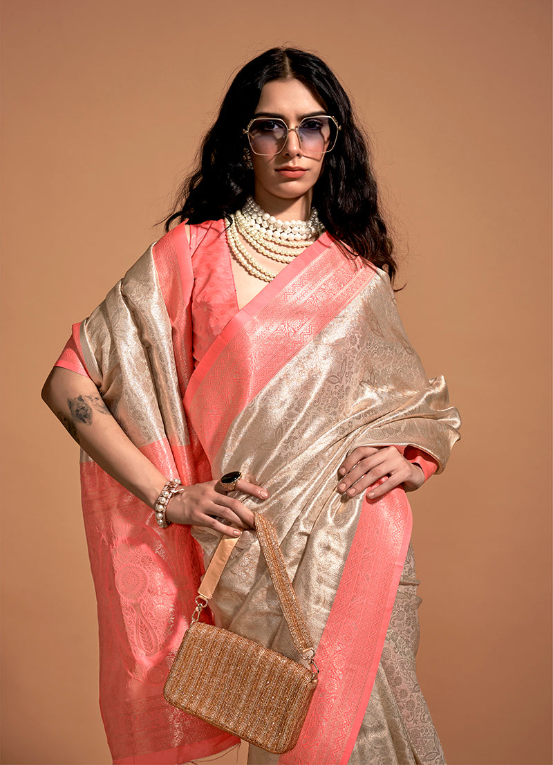 Peach Kanjipuram Silk Woven Designer Saree for Traditional Events