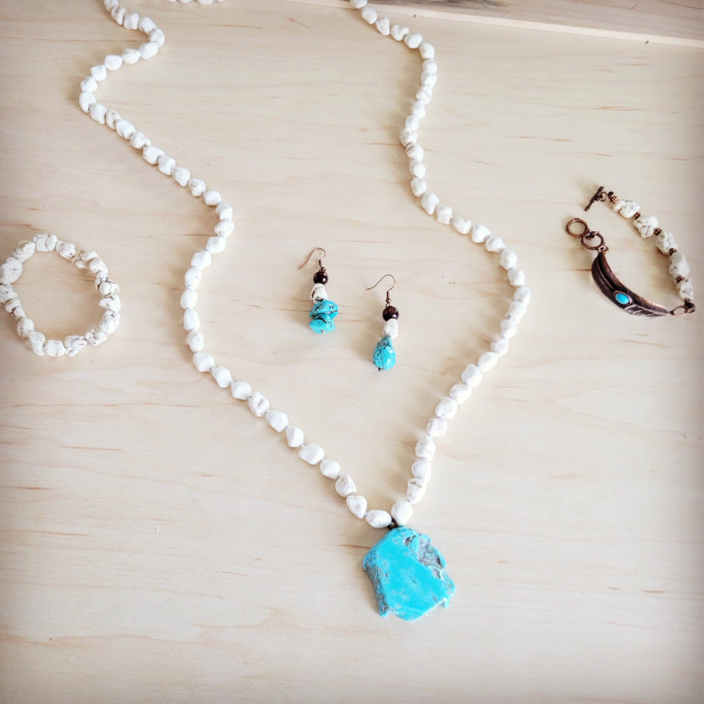 Long White Turquoise Beaded Necklace with Blue Slab Pendant - Image 7