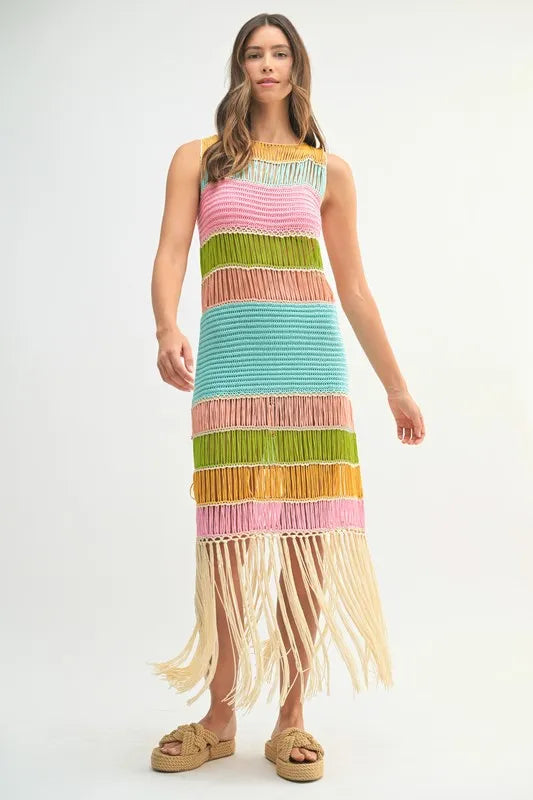 Multi Color Fringed Crochet Knit Mini Dress