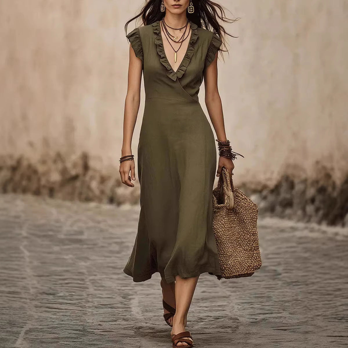 Model wearing a V-neck cotton-linen midi dress with flutter sleeves and ruffle trim in olive and burgundy colors.