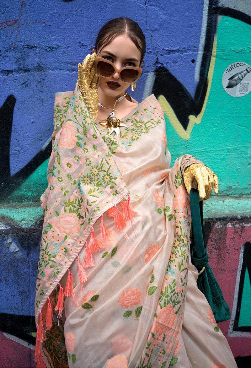 Cream Handloom Silk Ethnic Saree with Intricate Weaving