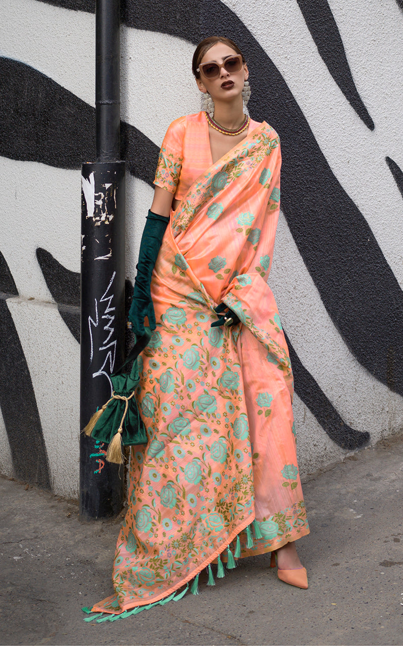 Peach Silk Saree with traditional handloom weaving