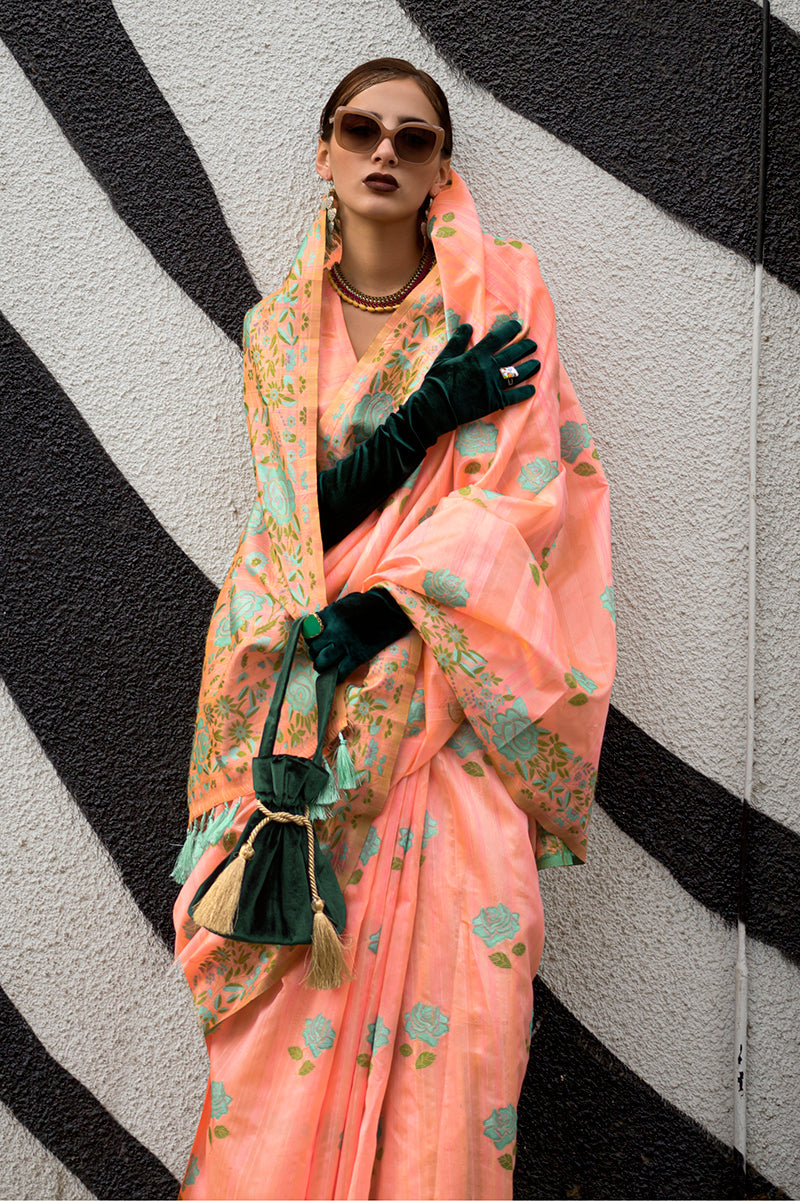 Peach Silk Ethnic Saree with Traditional Handloom Weaving Work