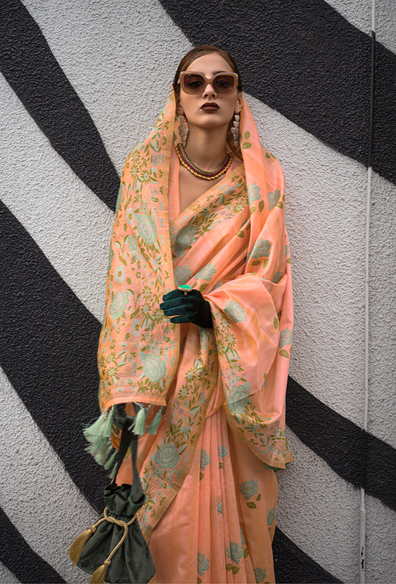 Peach Silk Ethnic Saree with Traditional Handloom Weaving Work