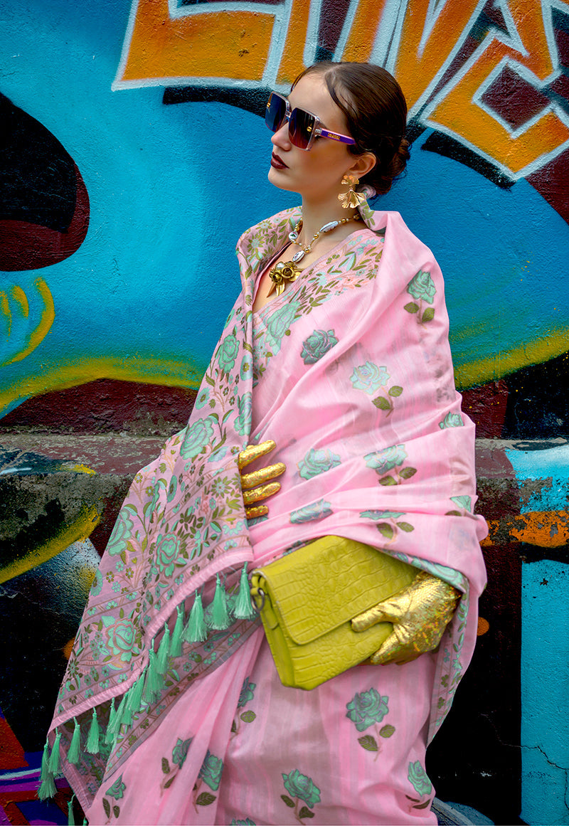 Pink Handloom Silk Ethnic Saree with Intricate Weaving Work