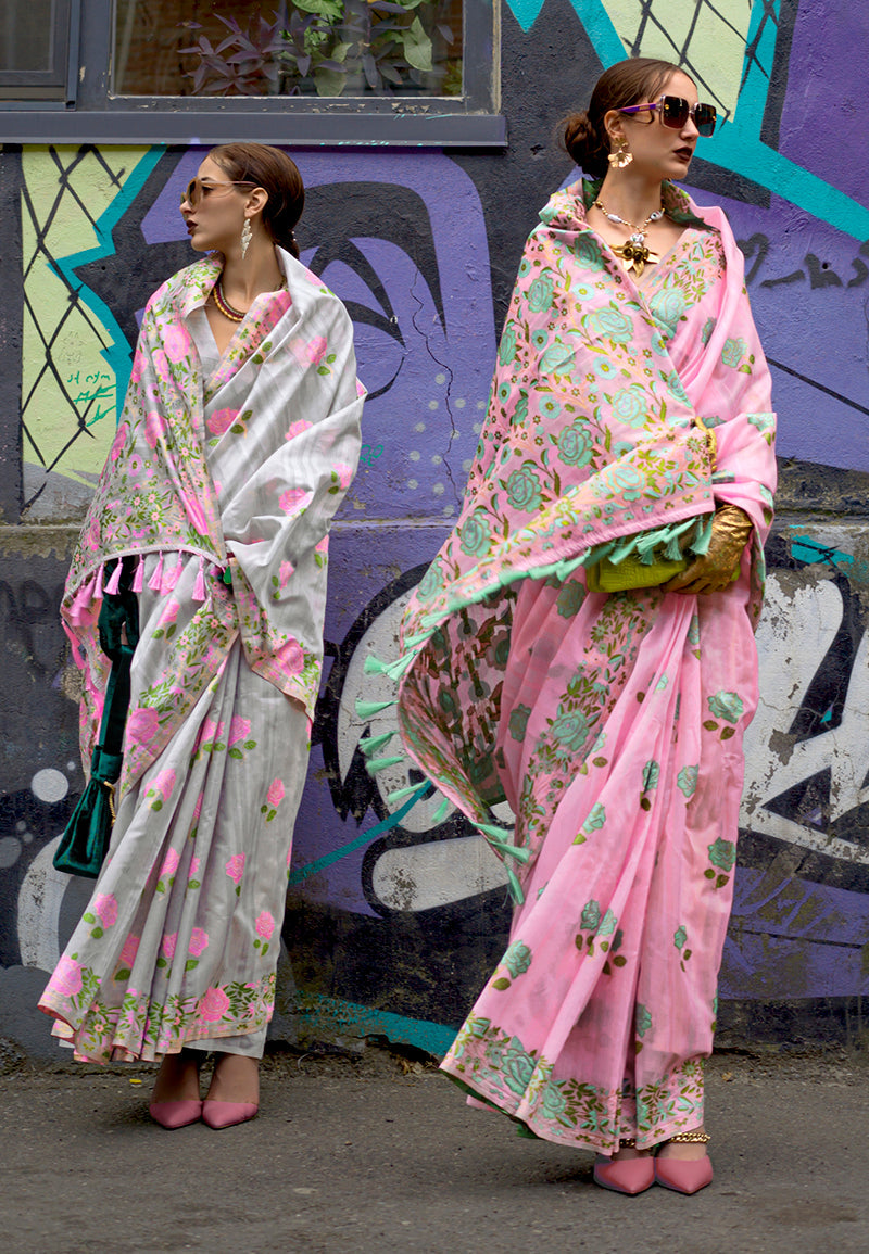 Pink Handloom Silk Ethnic Saree with Intricate Weaving Work