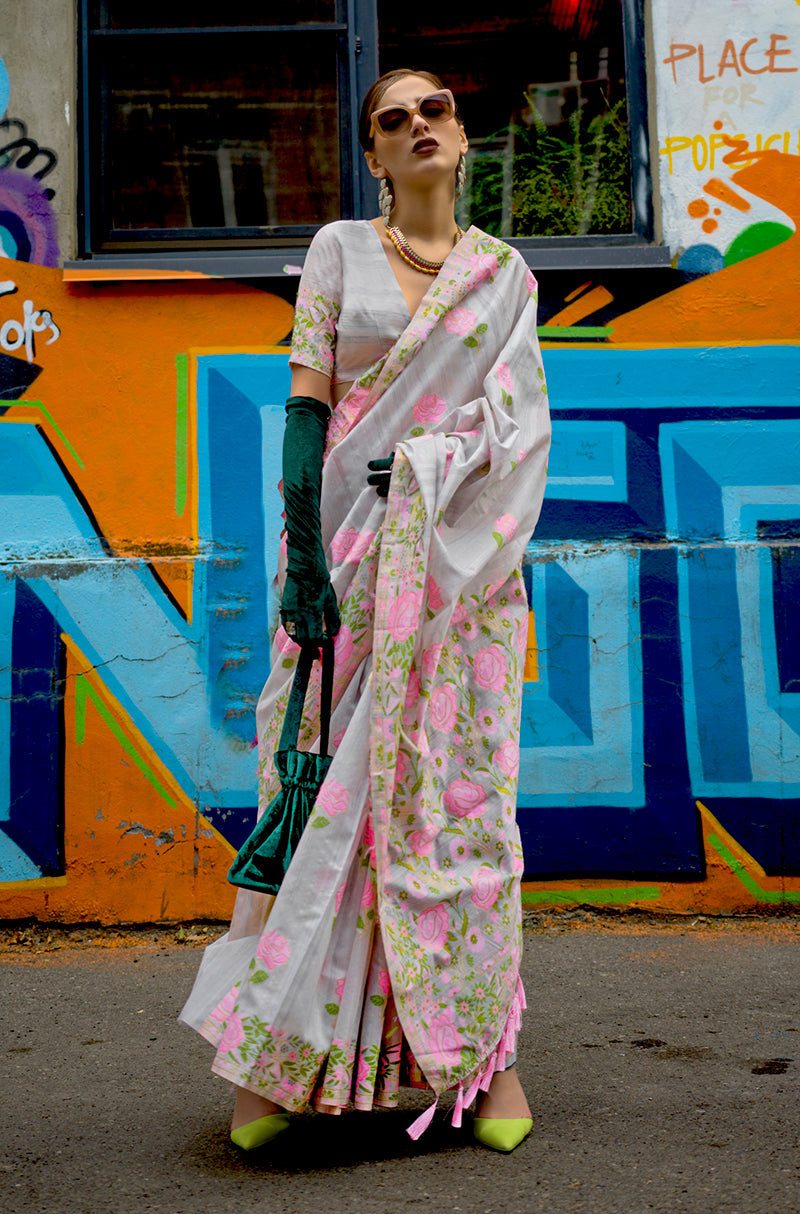 Grey handloom silk ethnic saree with weaving details