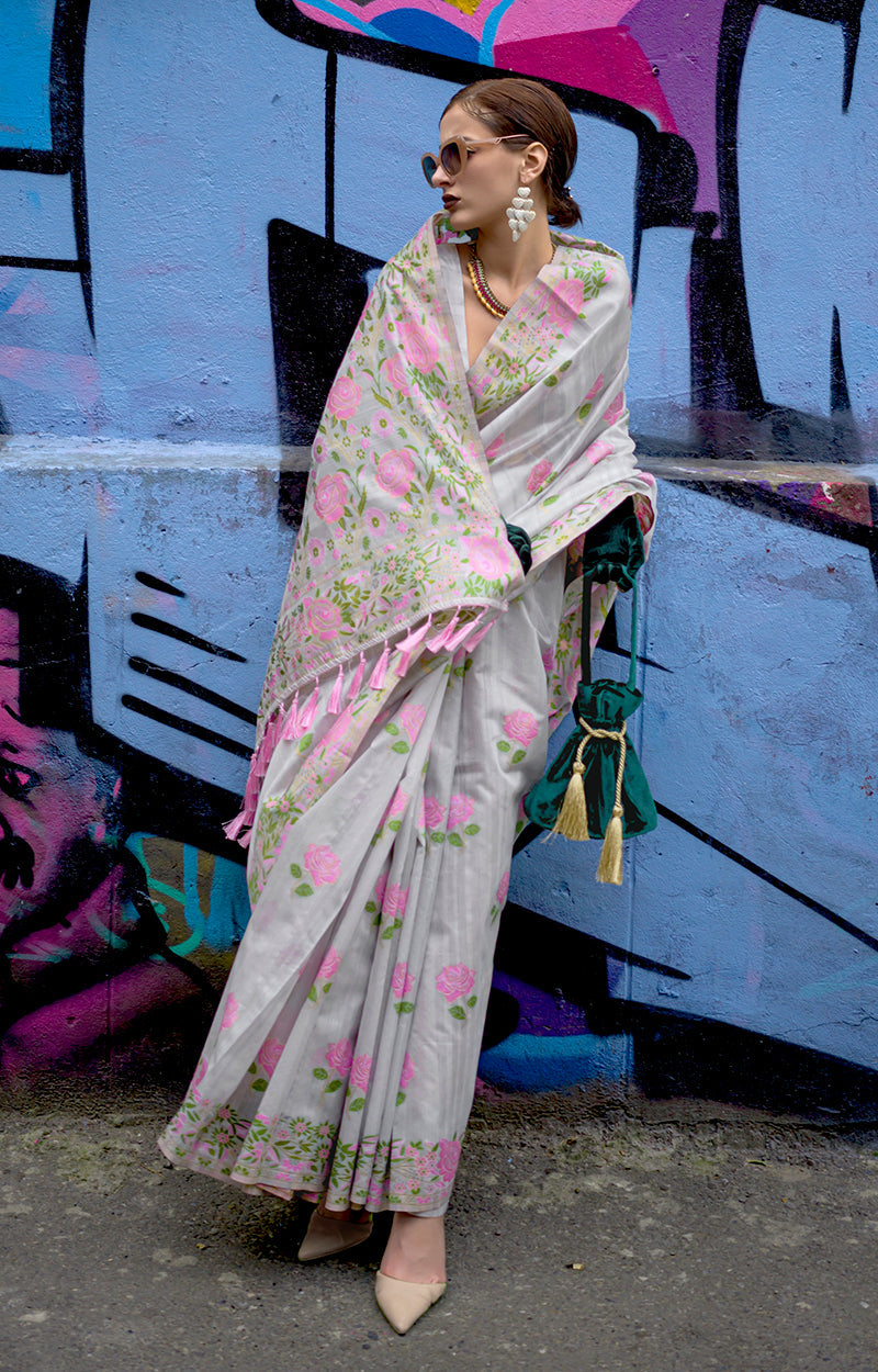 Grey Handloom Silk Ethnic Saree with Weaving Patterns