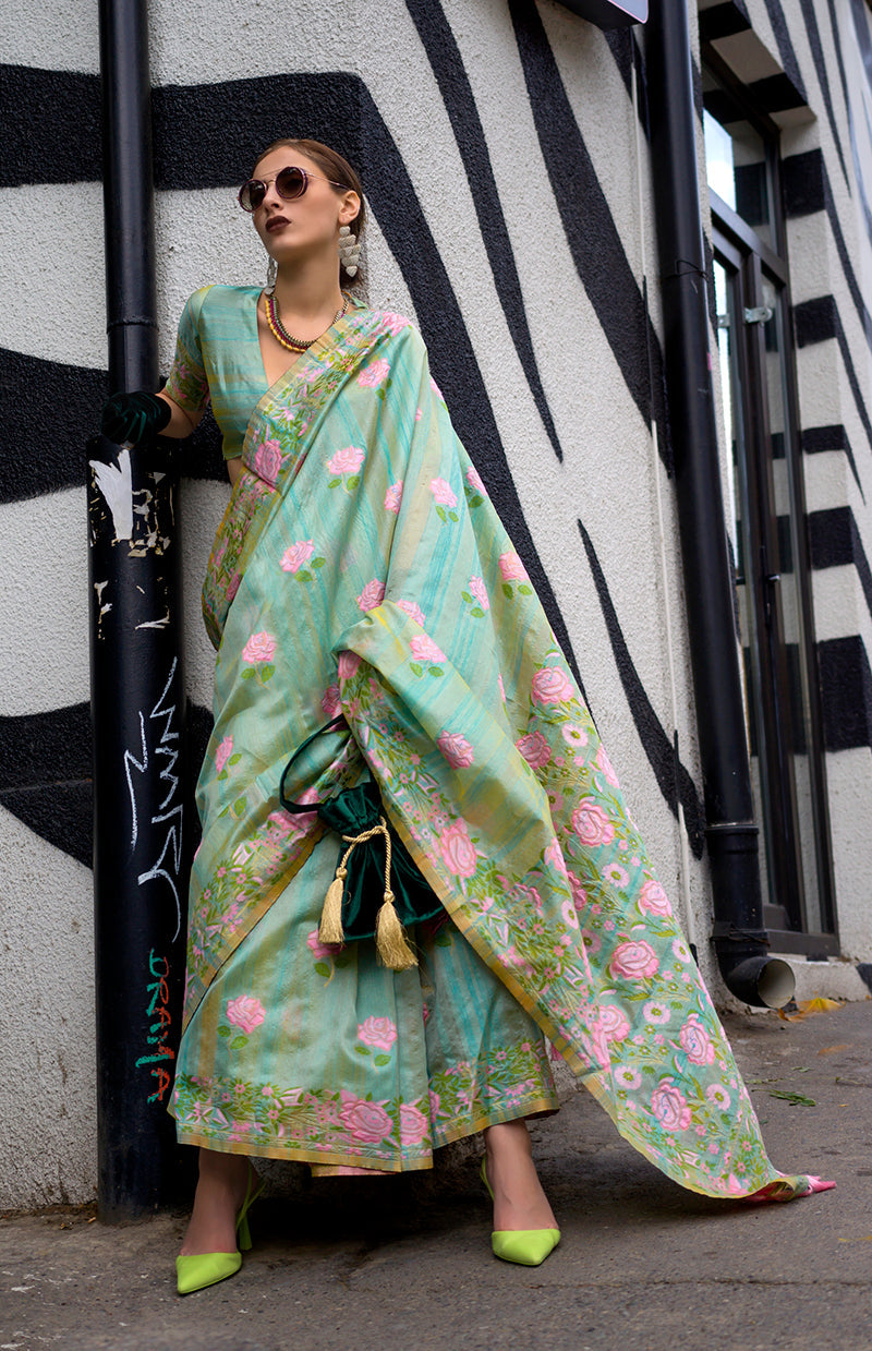 Sea green handloom silk classic ethnic saree with woven details