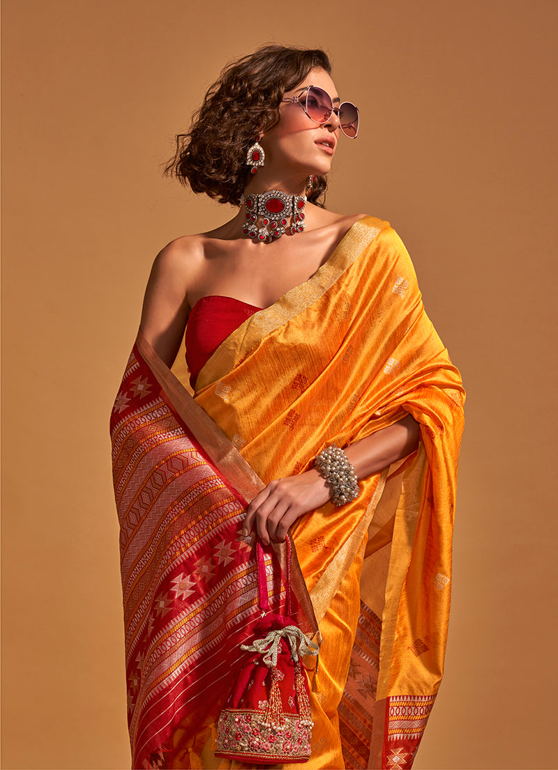 Mustard handloom silk classic saree with intricate traditional weaving