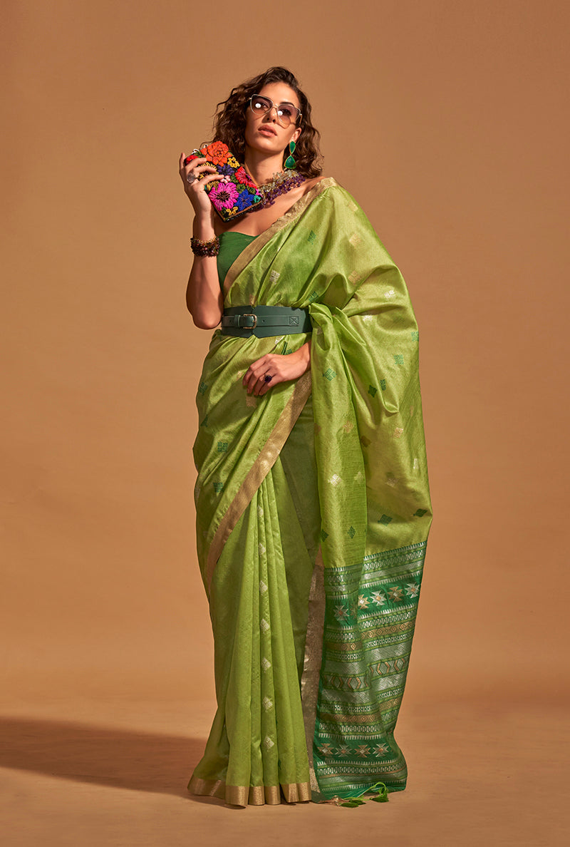Light parrot green handloom silk traditional saree with intricate weaving