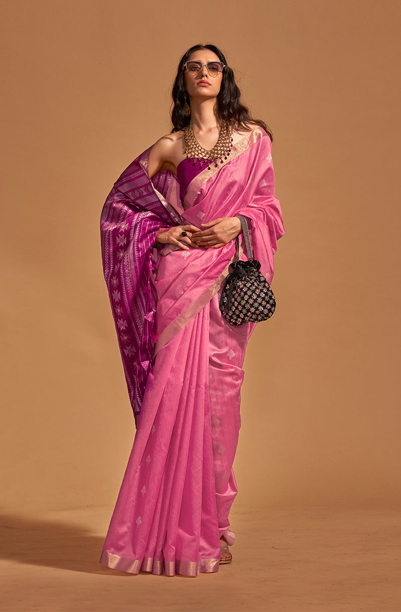 Classic Pink Handloom Silk Traditional Saree with Intricate Patterns