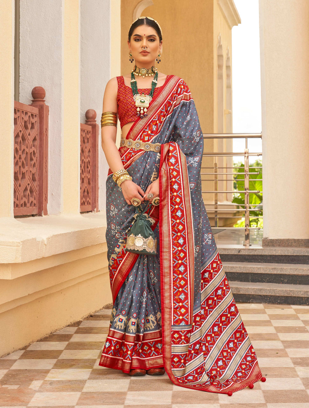 Dark Grey Sigma Silk Patola printed saree with matching blouse piece
