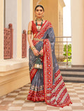 Dark Grey Sigma Silk Patola printed saree with matching blouse piece