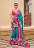 Blue and Rani pink Sigma silk Patola printed saree with matching blouse