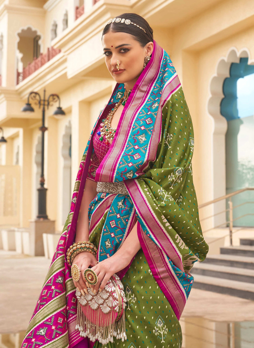 Mehendi Green, Magenta & Cyan Blue Sigma Silk Patola Printed Saree
