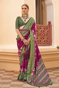 Dark purple Sigma silk saree with Patola print and matching blouse piece