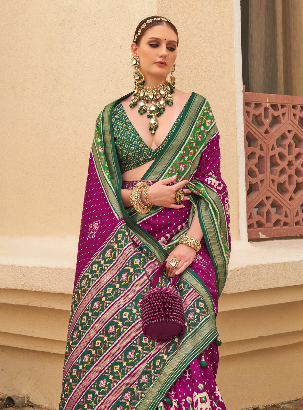 Dark Purple Sigma Silk Patola Printed Saree with Matching Blouse