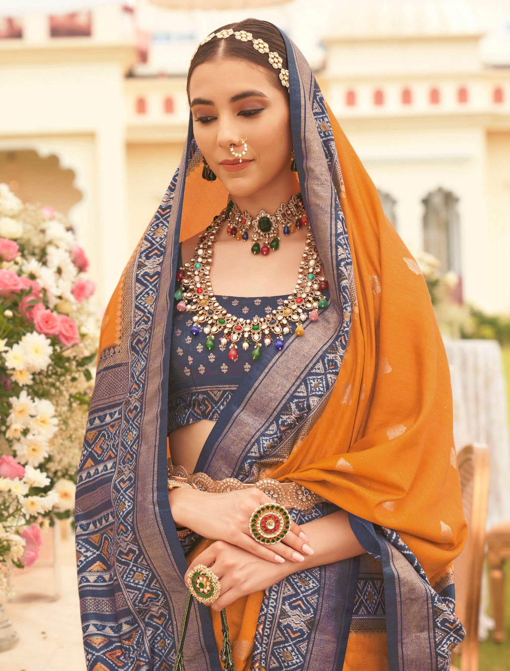 Mustard Sigma Silk Patola Printed Saree with Navy Accents