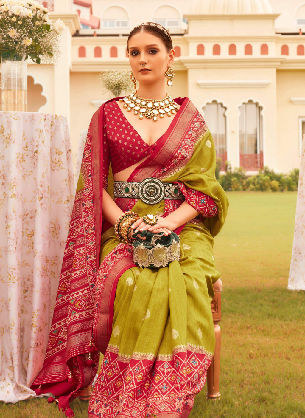 Olive & Maroon Sigma Silk Patola Printed Saree with Blouse