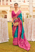 Blue and Rani pink Sigma Silk Patola printed saree with matching blouse
