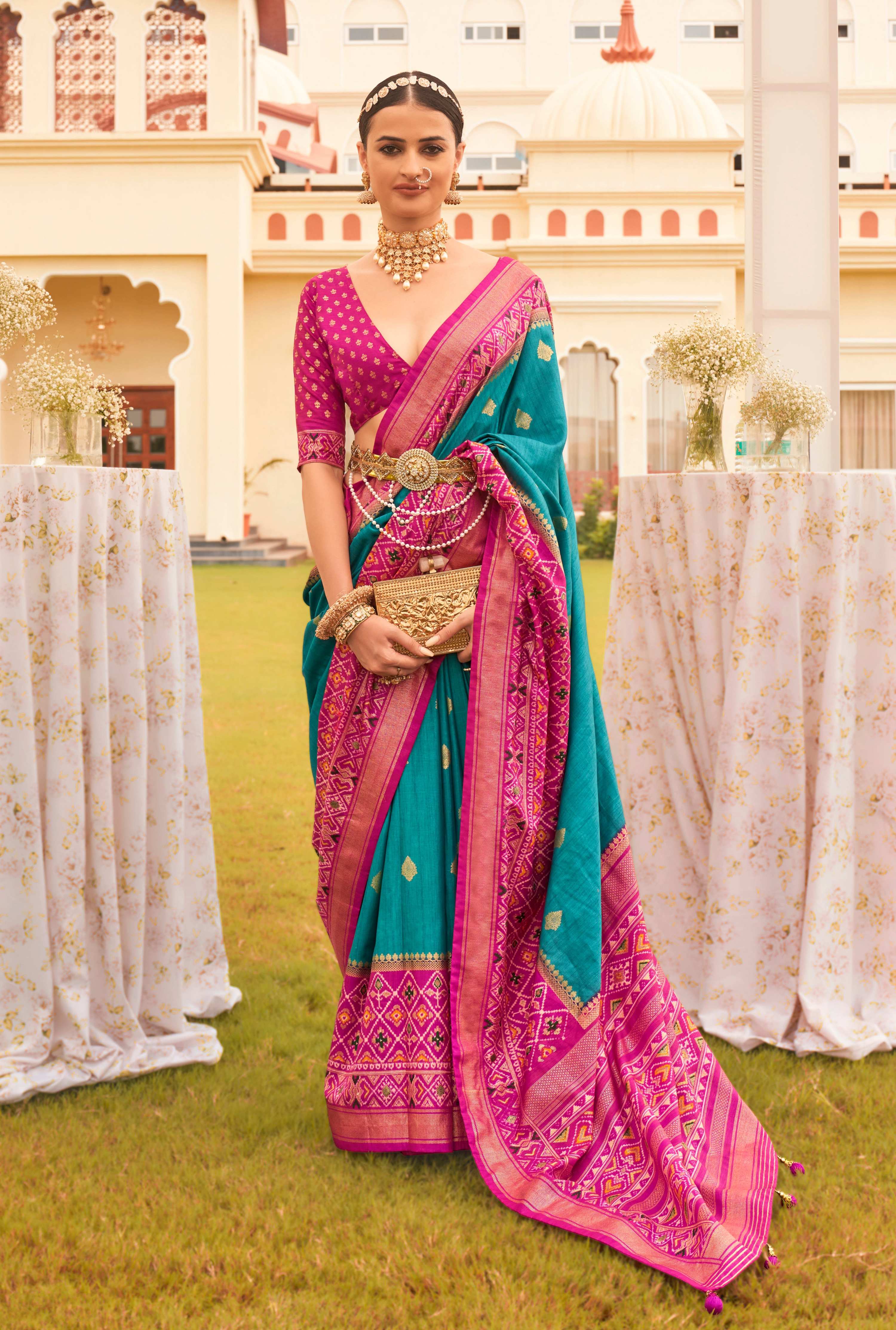 Blue and Rani pink Sigma Silk Patola printed saree with matching blouse