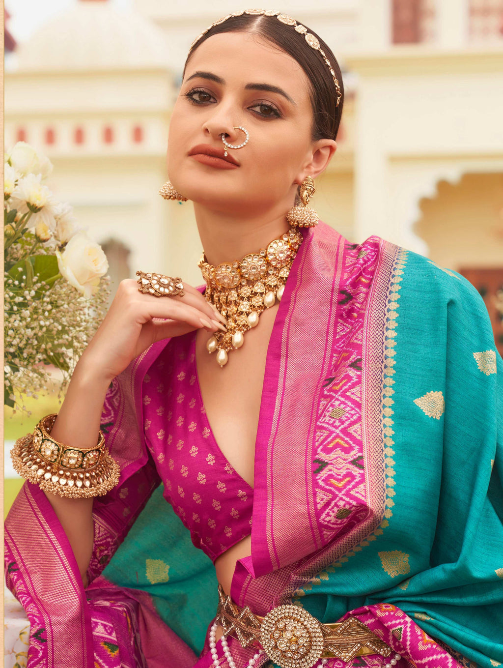 Blue and Rani Pink Sigma Silk Patola Printed Saree with Blouse