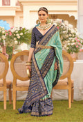 Sea Green and Navy Blue Patola printed Sigma silk saree with matching blouse