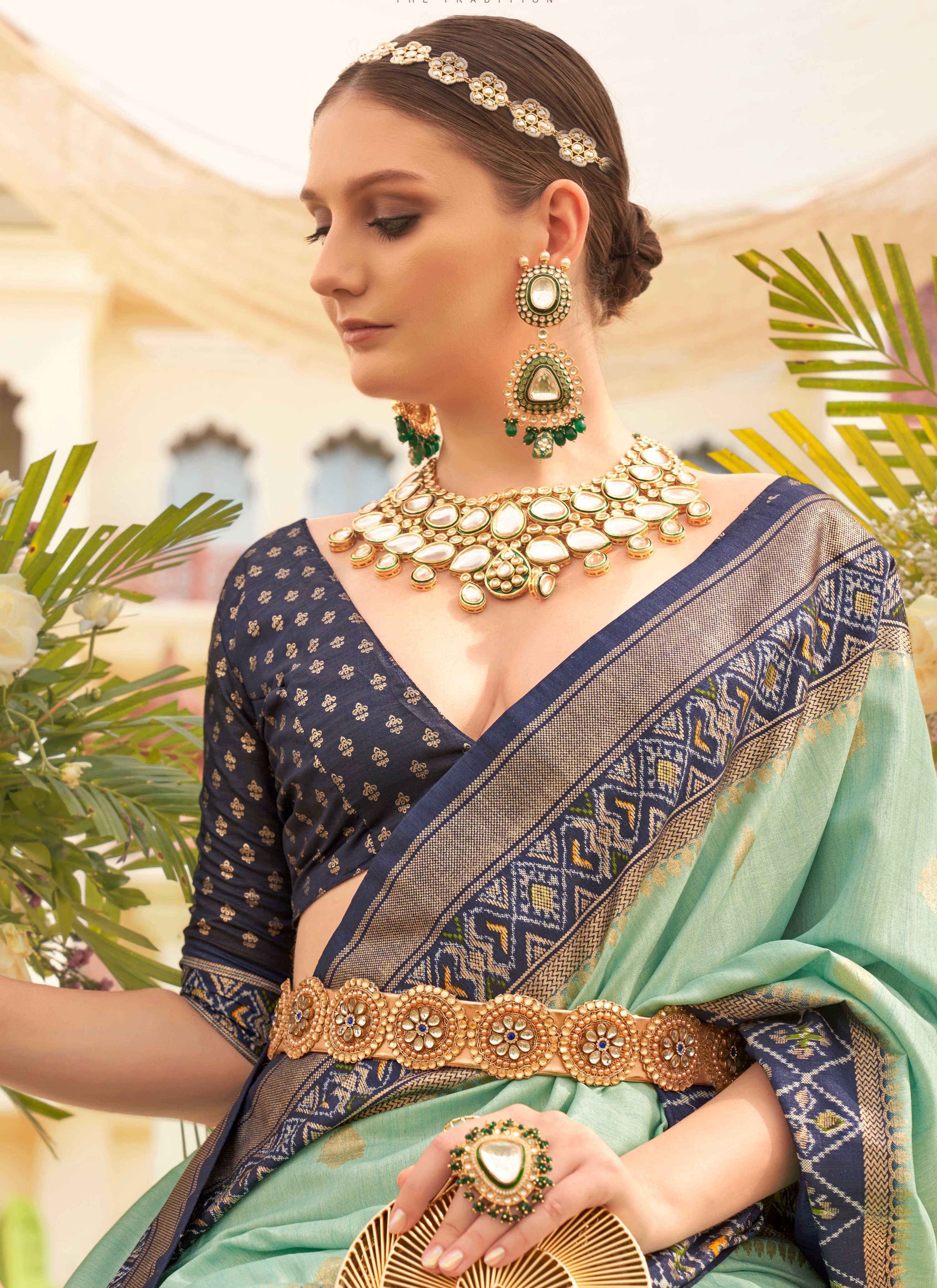 Sea Green & Navy Patola Printed Silk Saree with Matching Blouse
