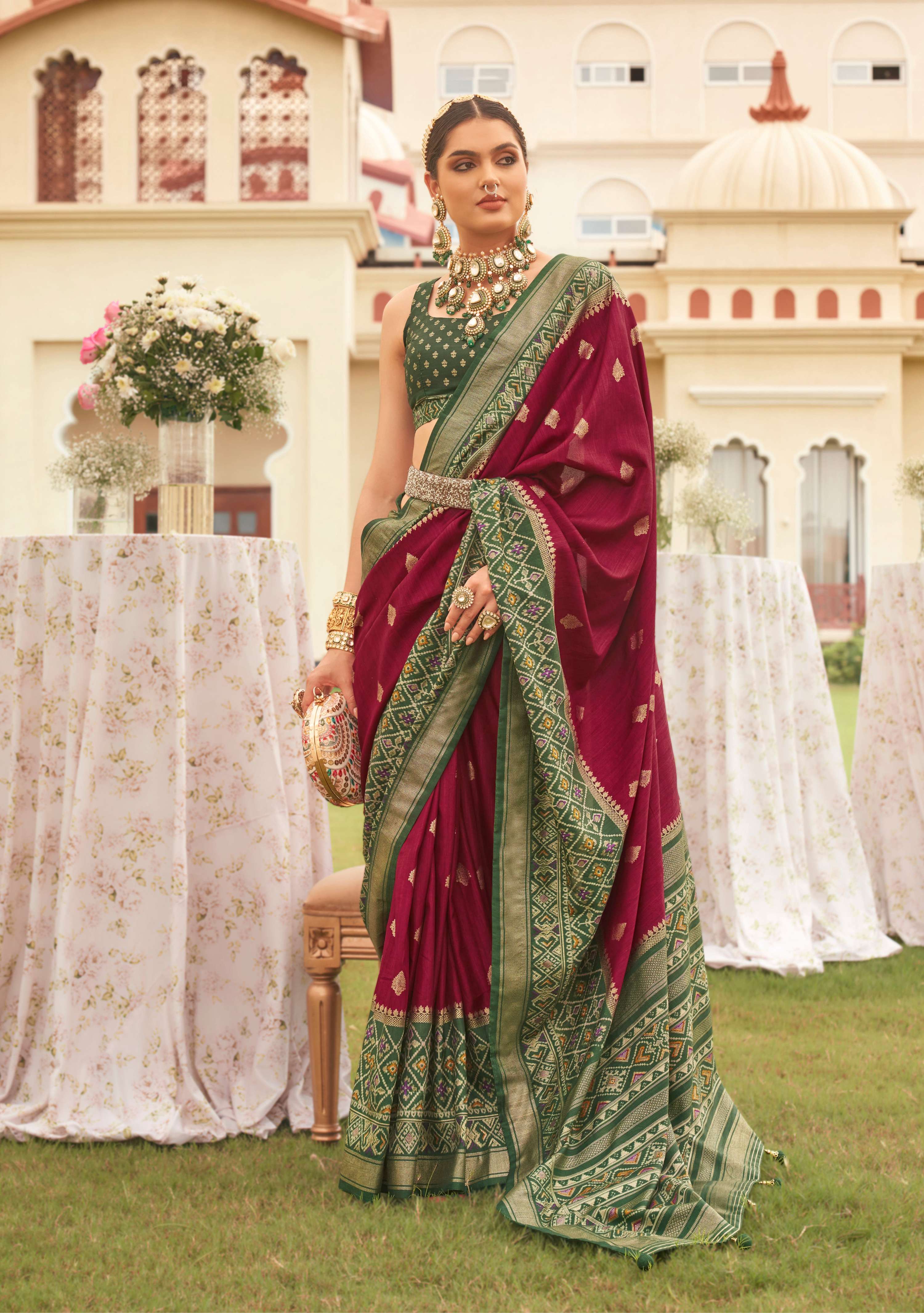 Wine and Mehendi colored Sigma Silk Patola printed saree with blouse