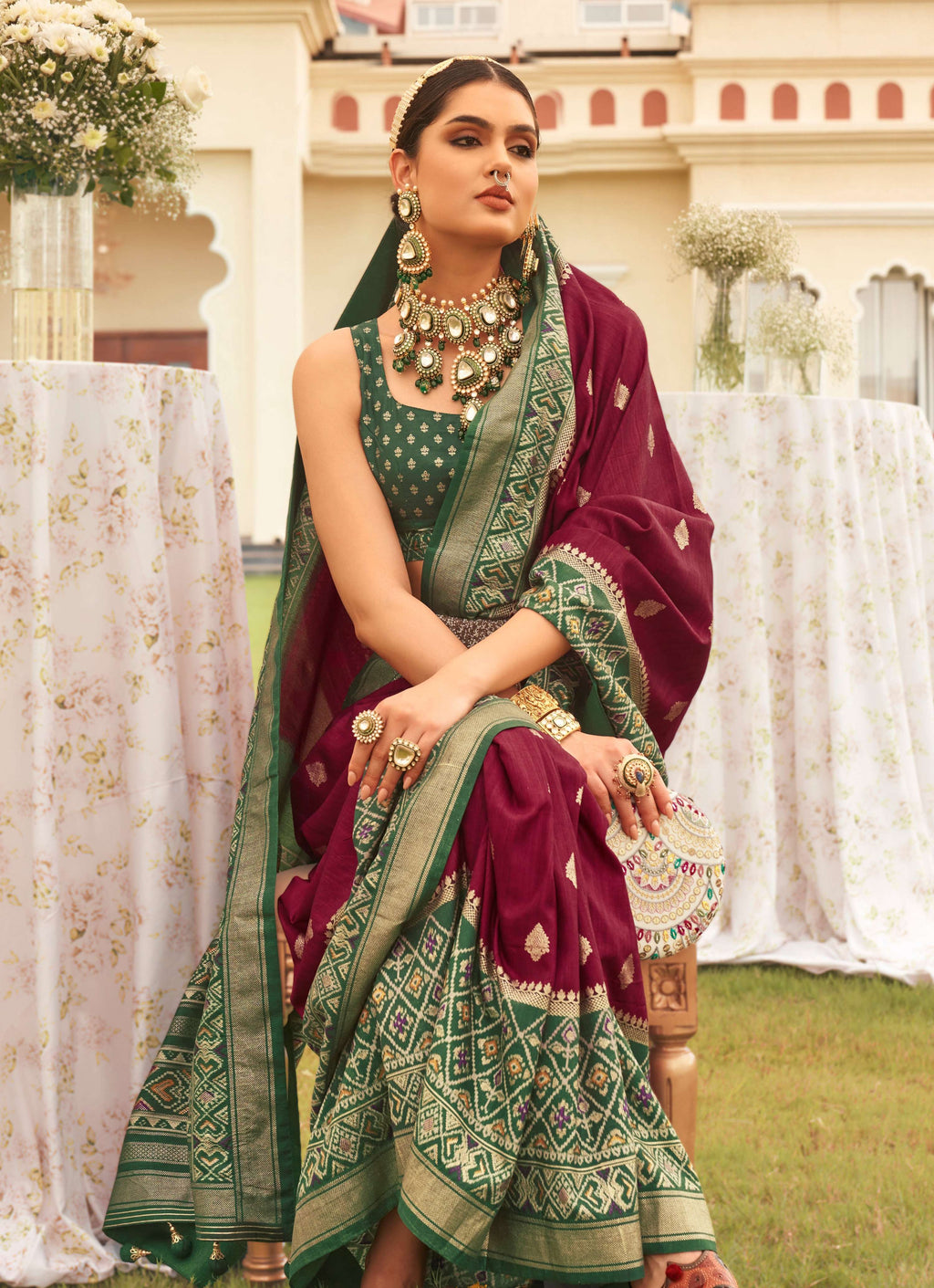 Wine and Mehendi Sigma Silk Patola Printed Saree with Blouse