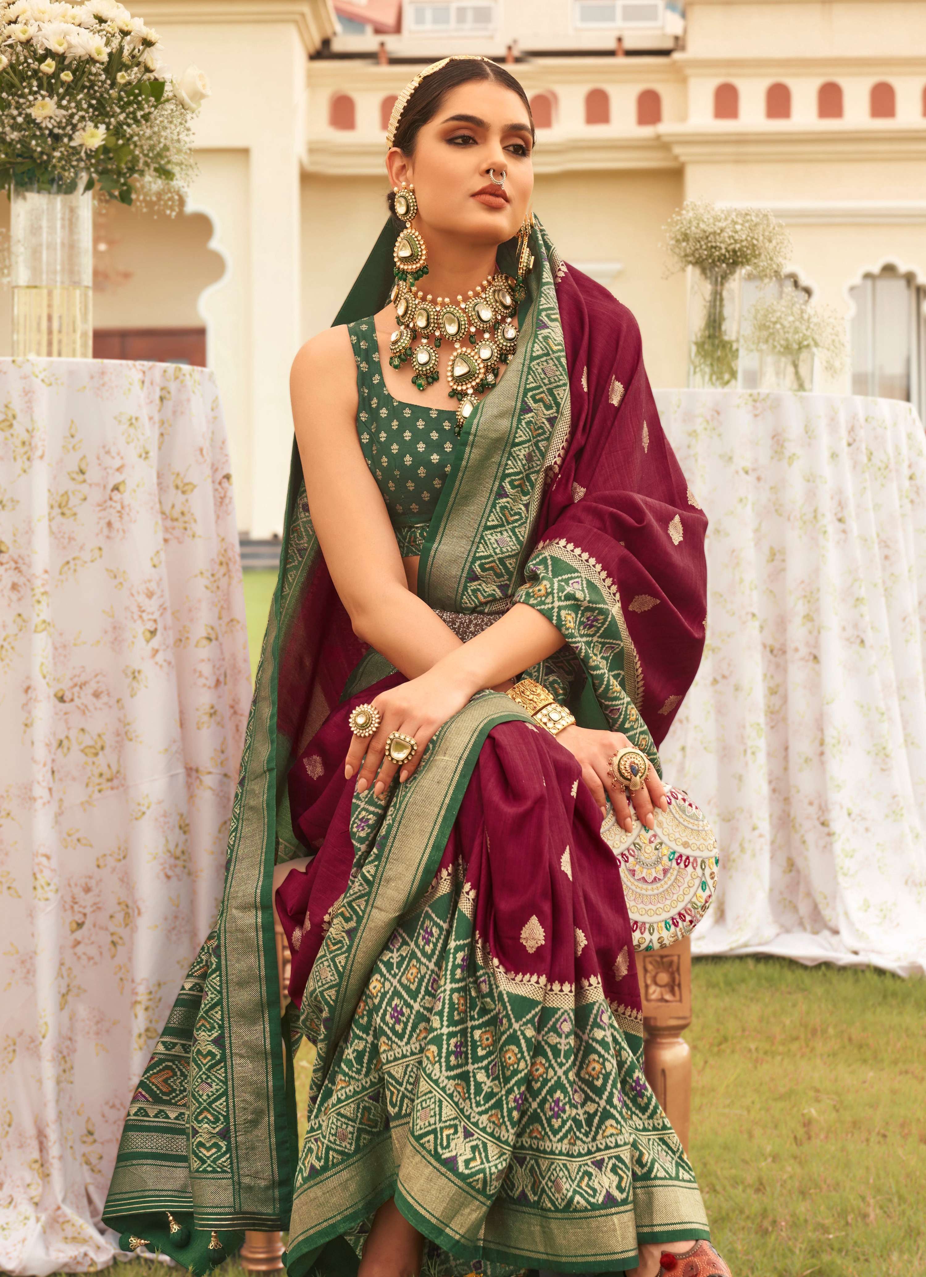 Wine and Mehendi Sigma Silk Patola Printed Saree with Blouse