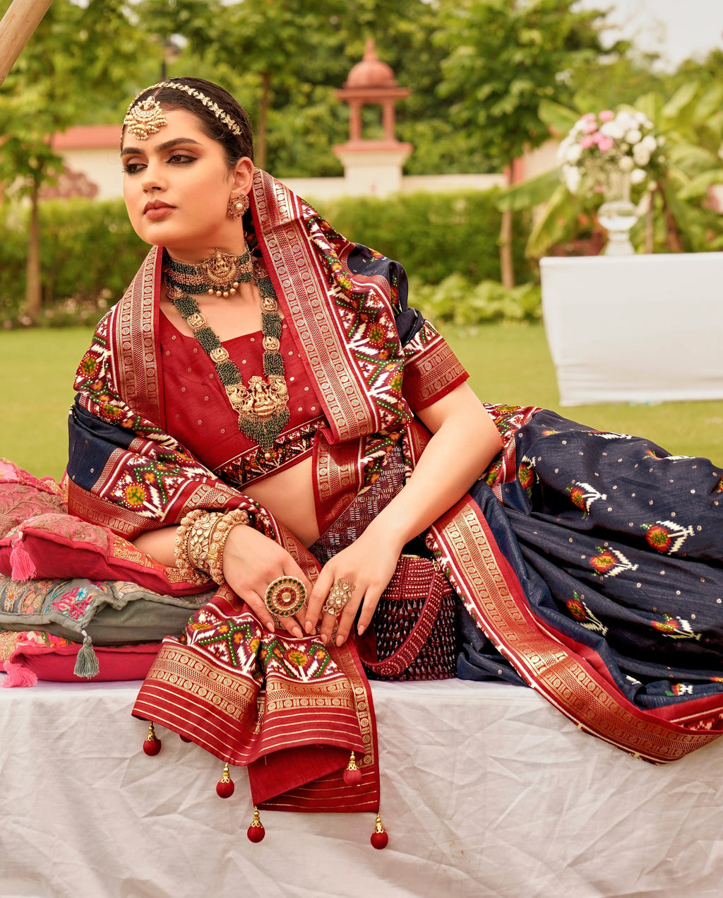Navy Blue Sigma Silk Patola Printed Saree with Blouse Piece