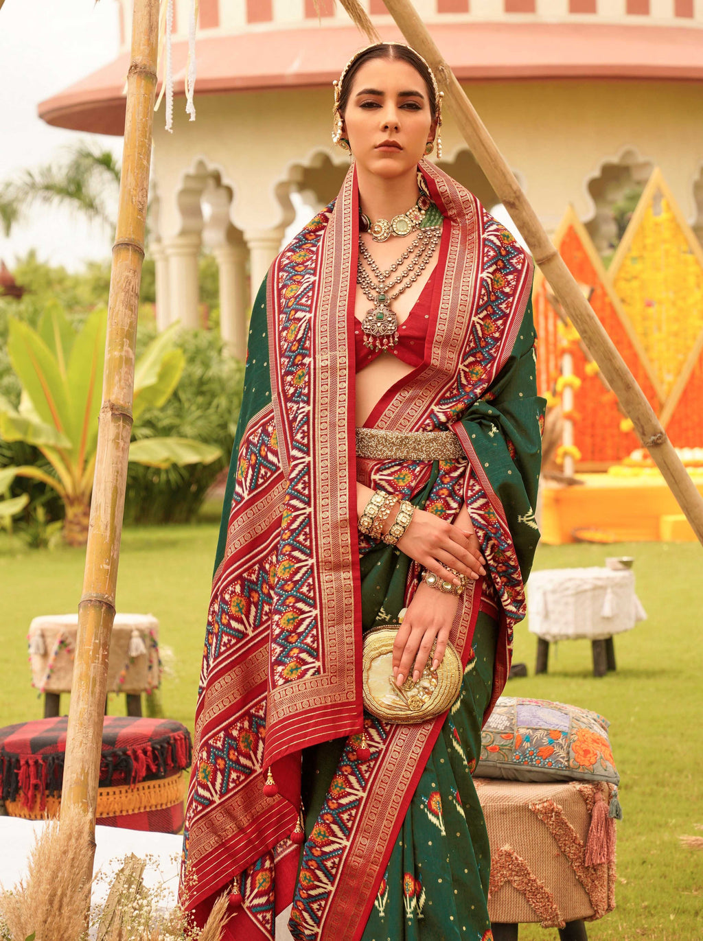 Dark Green Sigma Silk Patola Printed Saree with Matching Blouse