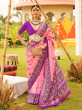 Baby Pink Sigma Silk Patola printed saree with matching blouse set for women