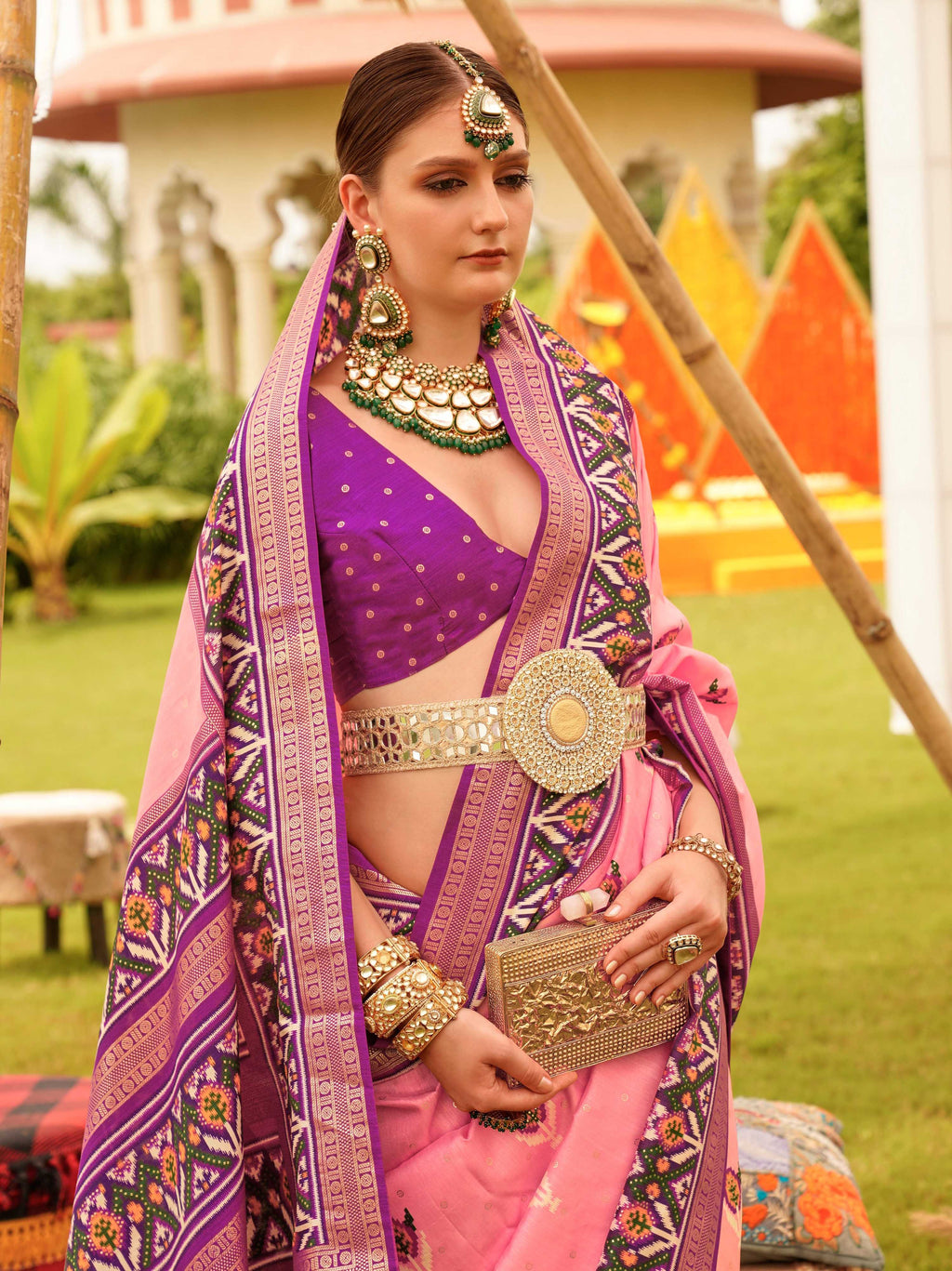 Baby Pink Sigma Silk Patola Printed Saree with Matching Blouse