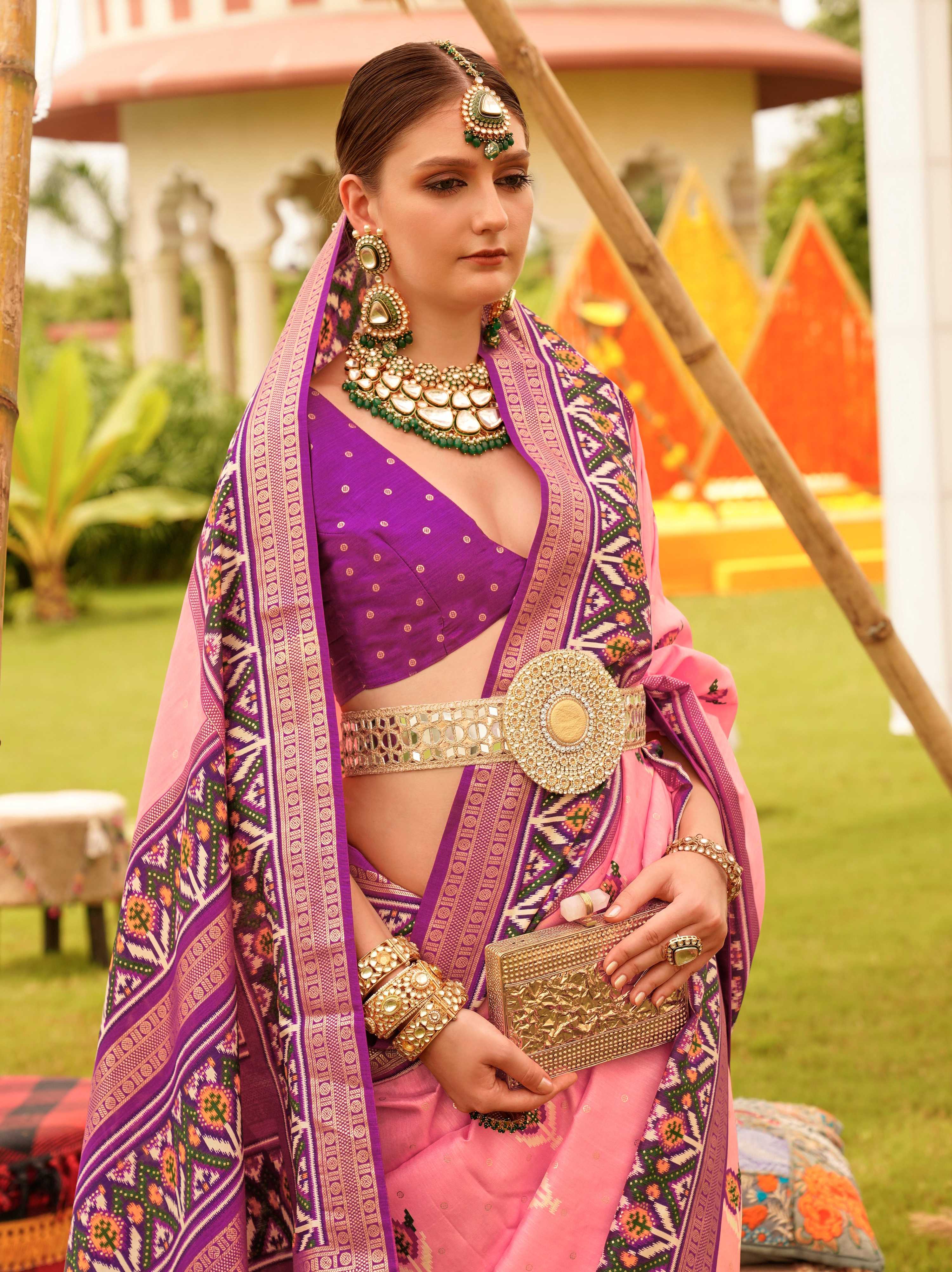 Baby Pink Sigma Silk Patola Printed Saree with Matching Blouse