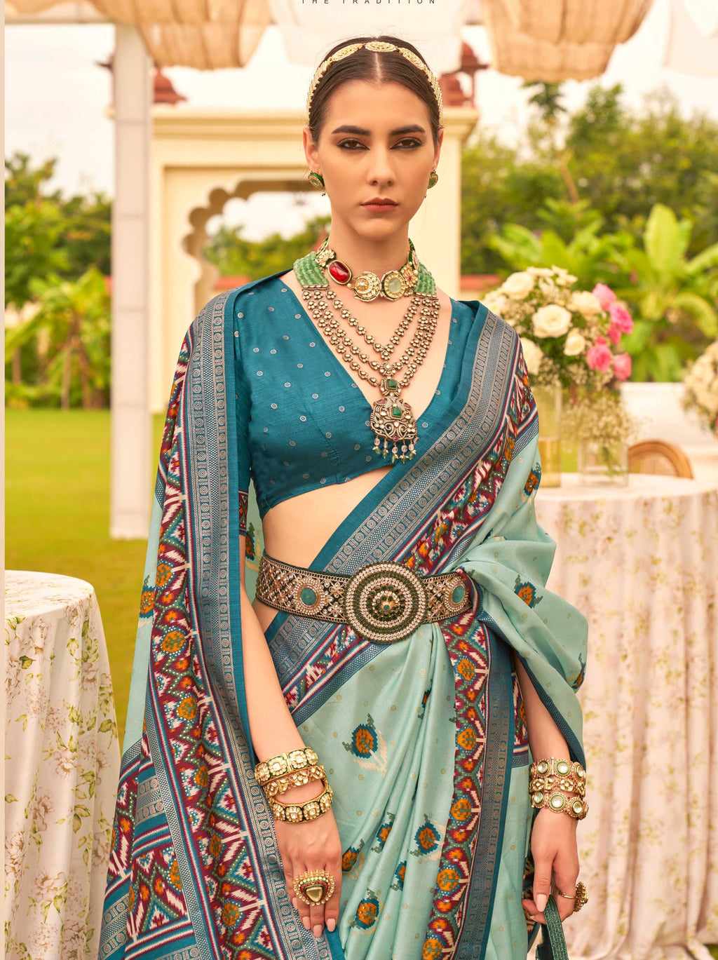 Sea Green Sigma Silk Patola Printed Saree with Blouse