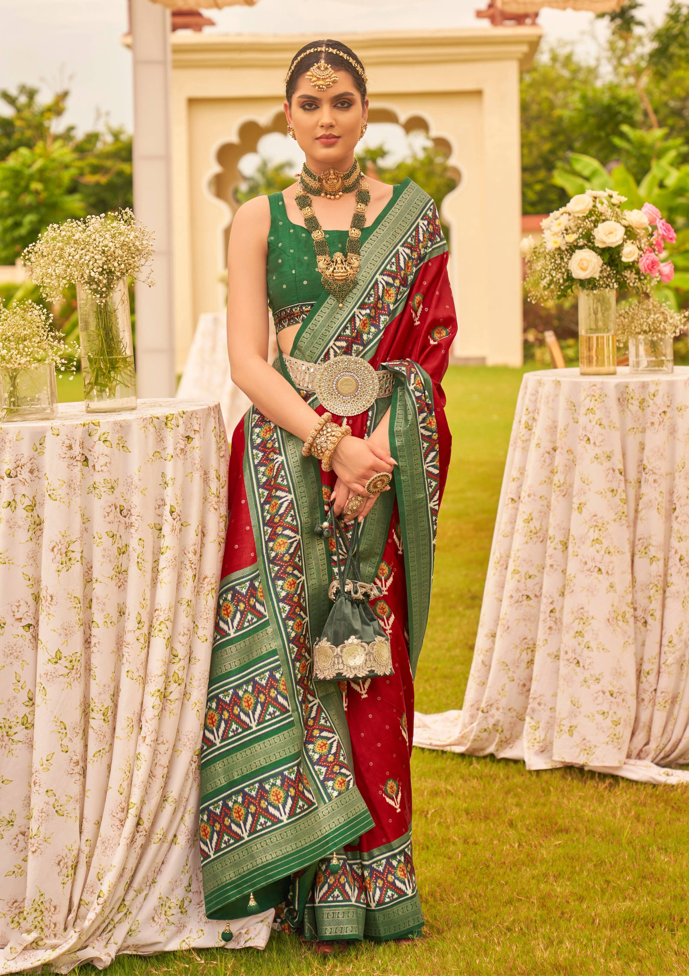 Maroon Sigma silk saree with Patola prints and matching blouse
