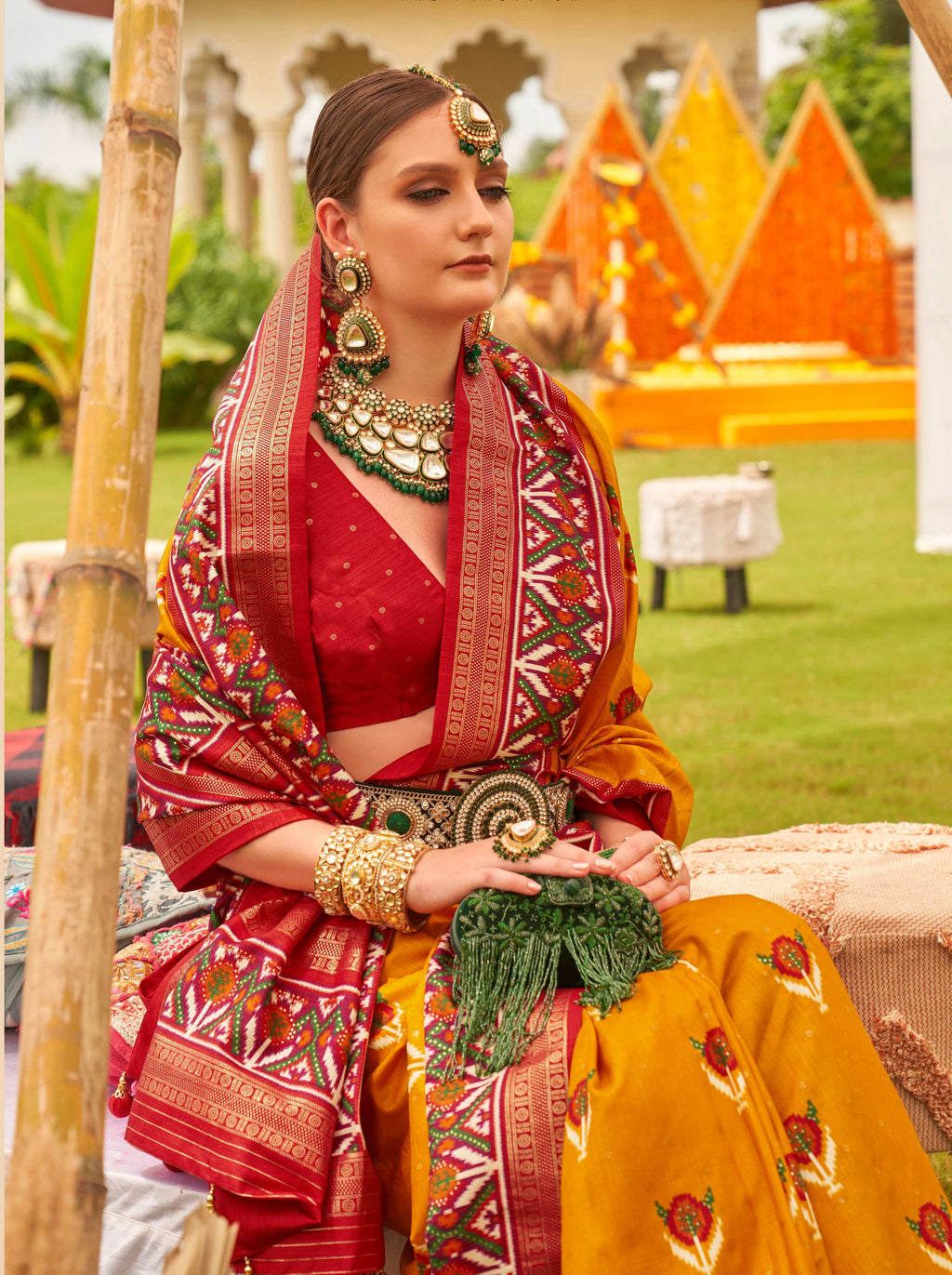 Amber and Maroon Patola Printed Silk Saree with Blouse
