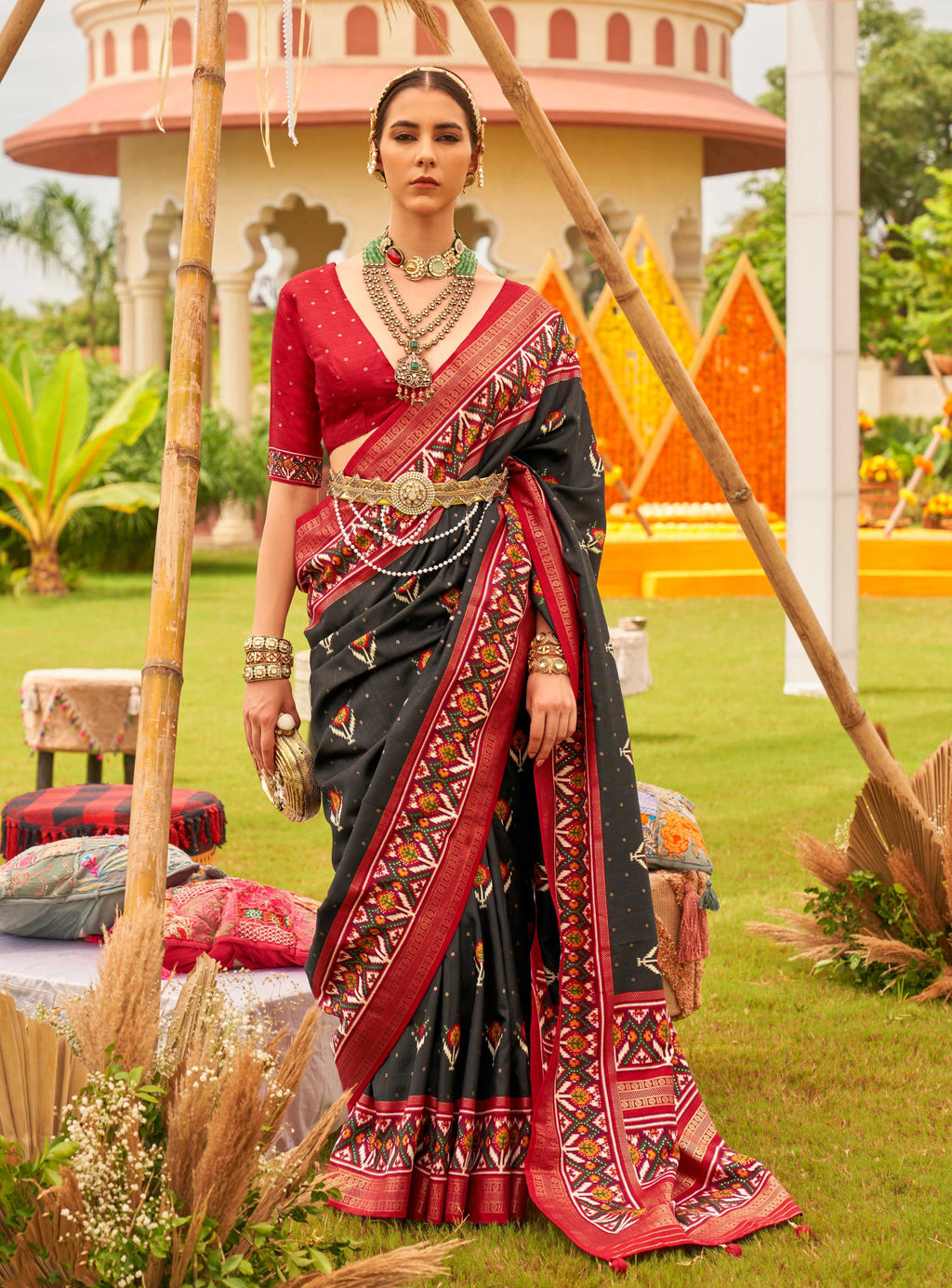 Black Sigma silk Patola print saree with matching blouse