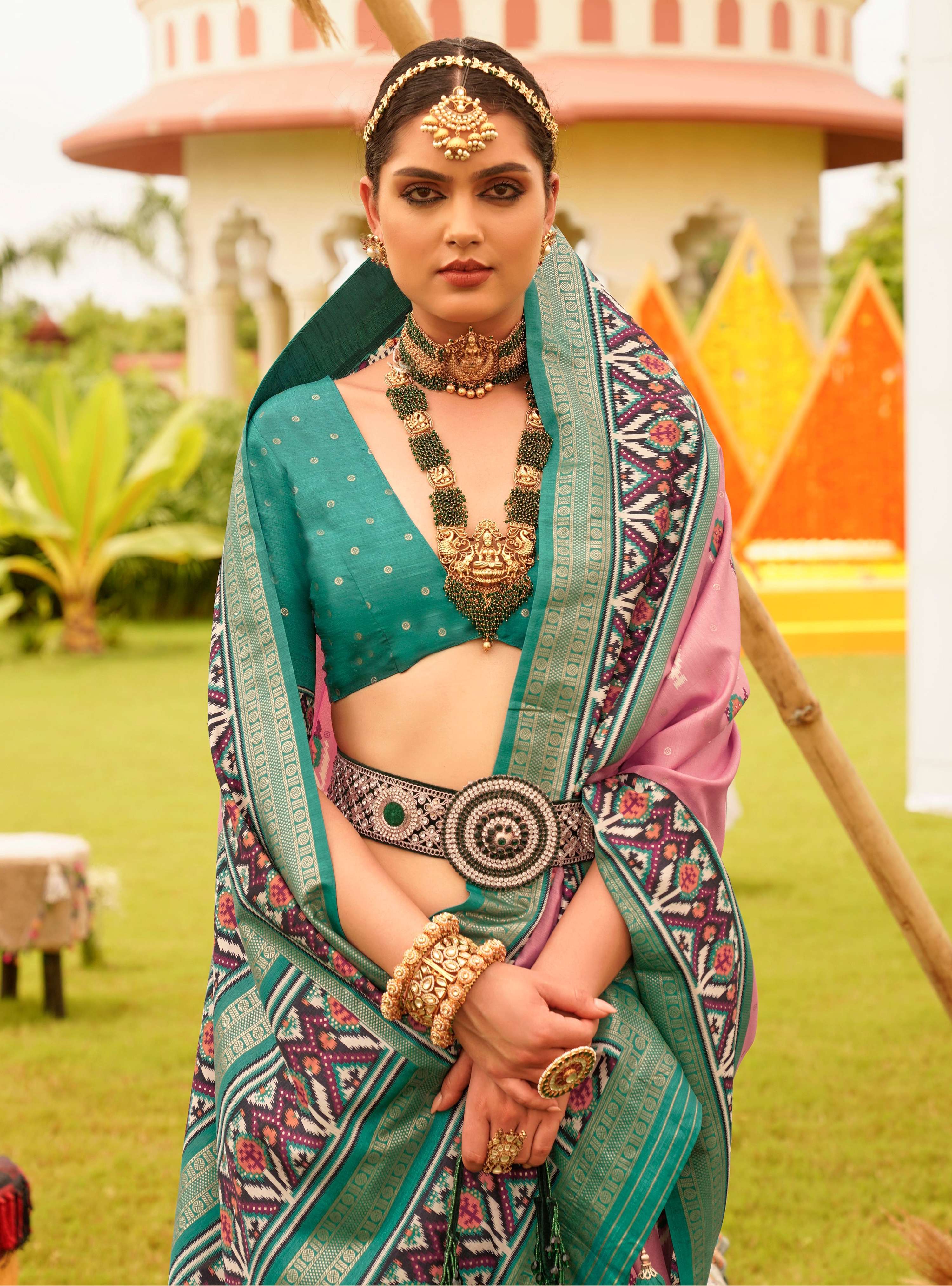 Salmon Patola Silk Saree with Teal Blouse Traditional Ethnic Wear