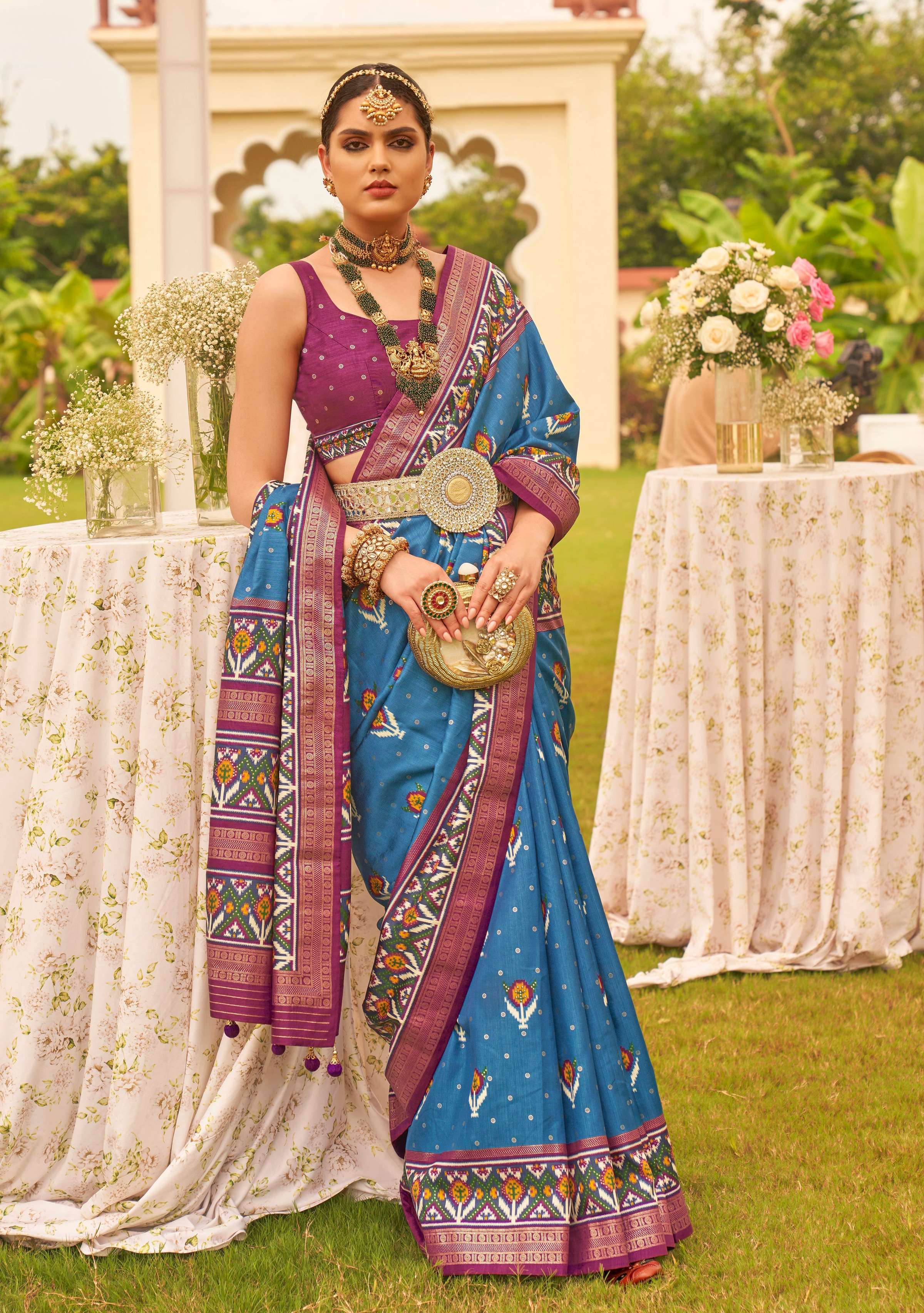 Blue Sigma Silk Patola Printed Saree with Matching Blouse Piece