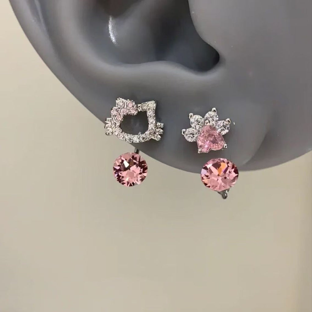 Cat Claw Super Sparkling Full Diamond Zircon KT Cat Earrings For Women, Sweet Cute Ear Drops, Bow Ear Studs