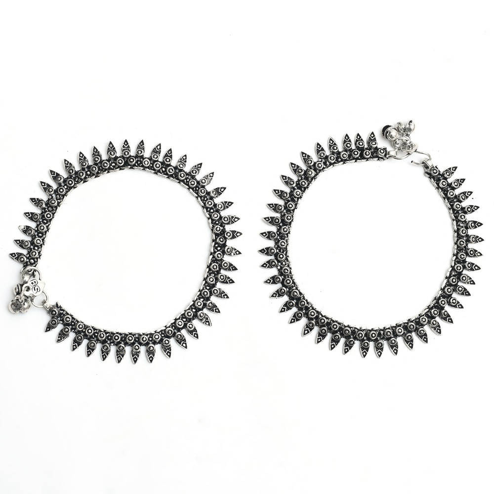Kamal Johar inspired traditional oxidised silver anklets featuring intricate metalwork.