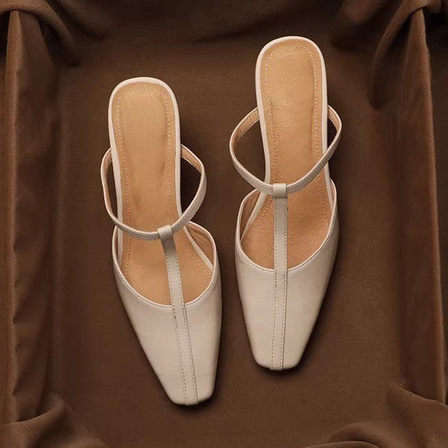 Women's French Vintage Square Toe Block Heel Mule Sandals – T-Strap