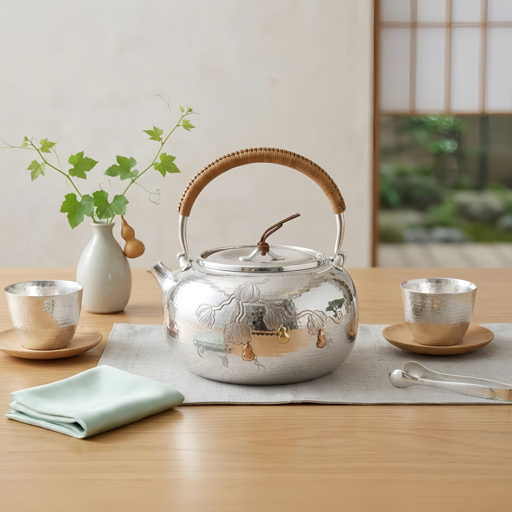Pure 999 Fine Silver Handcrafted Hammered Silver Teapot with Gourd Vine Relief and Rattan Handle - Handicraft