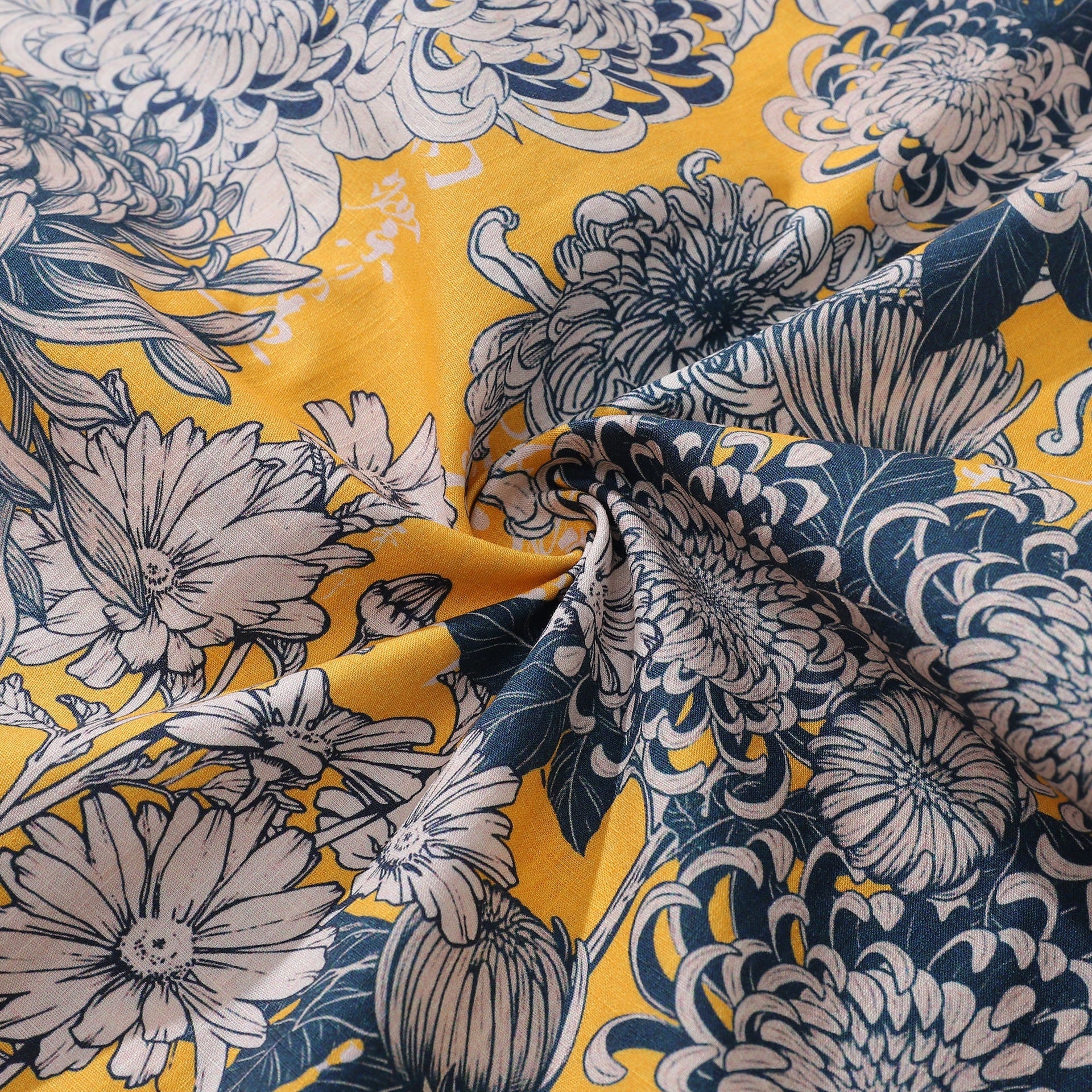 Yellow Japanese Chrysanthemum Floral Cotton Hawaiian Shirt